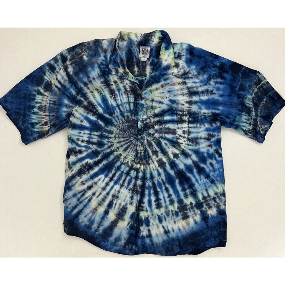 Vintage 90s World Beat Tie Dye Button Up Shirt Cotton Hippie Surf Men's L